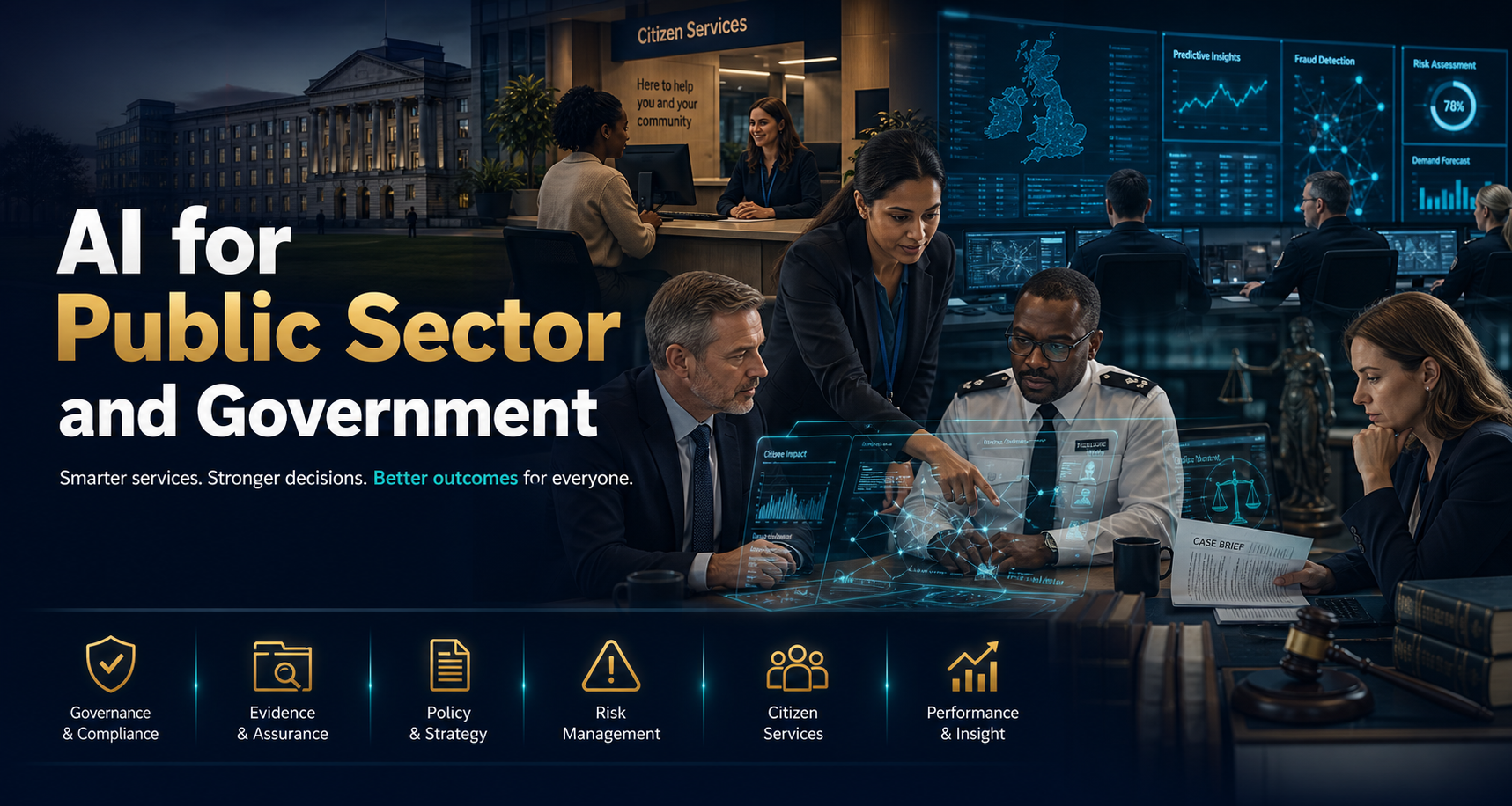 Public sector professionals reviewing responsible AI, evidence, policy and service data