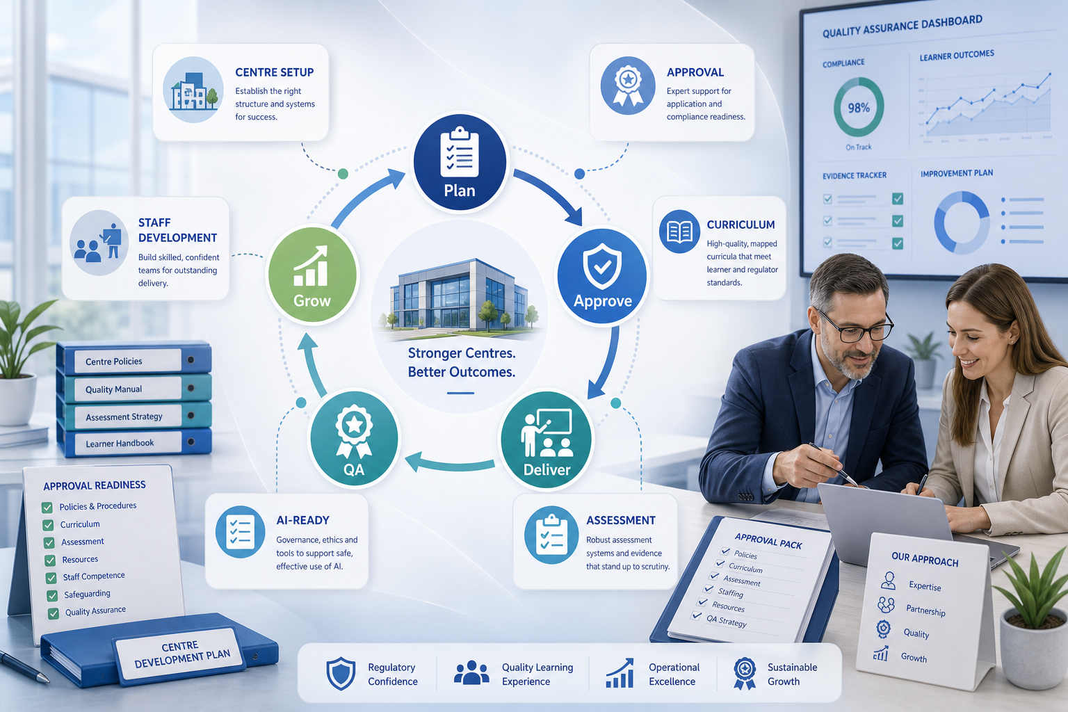 Modern training centre development planning with quality assurance, approval documents and learner journey systems